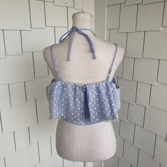 Do + Be Women's Blue/White Striped Floral Tulle Ruffle Neck Halter Crop Top sz M - Picture 4 of 5